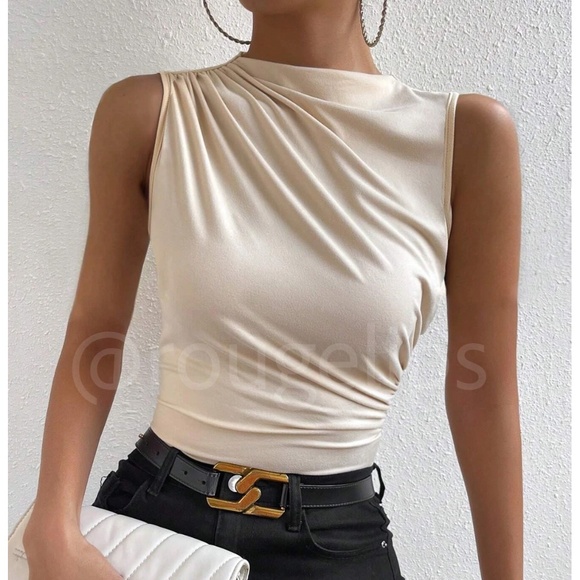Rouge! Tops - Ruched Beige Asymmetrical Sleeveless Shirt Top Stretchy